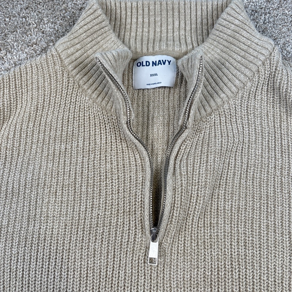 Old Navy Quarter Zip Knit Sweater Mens XXXL Beige Cotton Mock Neck Long Sleeve - Picture 3 of 8